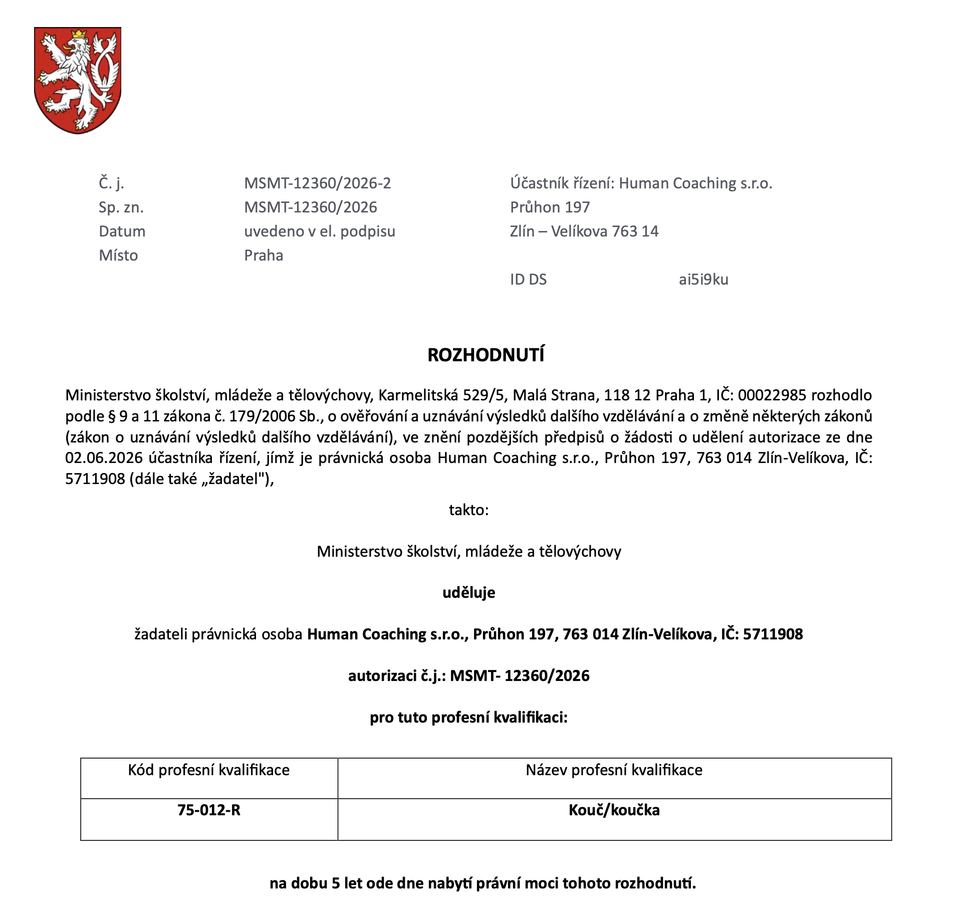 Human Coaching autorizovanou osobou MŠMT